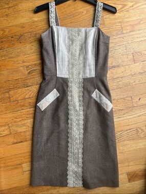 Tracy Reese Vintage Designer Brown Lace Trim Pleated Sheath Dress / Size 8